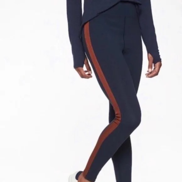 Athleta Track Tux Navy W/ Brown Stripe Leggings Size Small
